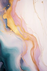 Elegant Acrylic Pour Wallpaper. Liquid Swirls in Beautiful White and Pastel colors, with Gold Powder. Generative AI