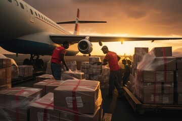 Humanitarian Heroes Unite. Workers Loading an Airplane with Supplies During a Crisis. Acts of Solidarity in Times of Need 

 - obrazy, fototapety, plakaty