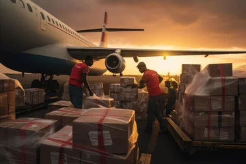 Papier Peint photo Avion Humanitarian Heroes Unite. Workers Loading an Airplane with Supplies During a Crisis. Acts of Solidarity in Times of Need   