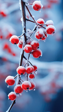 Frozen red berries hanging on branches in nature. Winter plants covered with snow