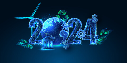 Sustianable development goals for 2024, New Year web banner in futuristic style on blue background