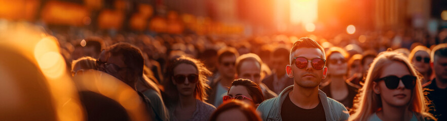 A Crowd of People Crosses the Street in the Heart of the City During Sunset, Capturing the Dynamic Energy of Urban Life. Urban Movement - obrazy, fototapety, plakaty