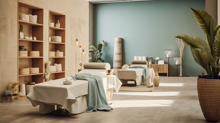 Beauty salon in modern minimalist style with soft sandy colors. Banner