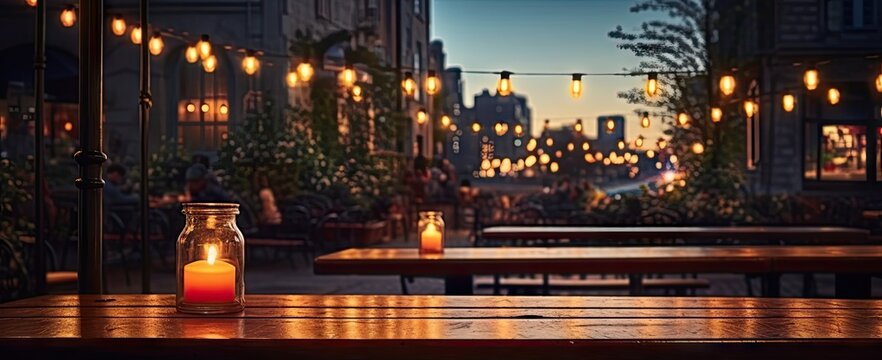 City nightlife. Empty wooden table in cafe. Sipping in shadows. Night at bar. Urban elegance. Modern experience. Quiet evening