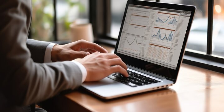 Close-up photo of a male hands with laptop. Trading cryptocurrency and securities. Financial analyst works in front of laptop monitor. Track quotes in real time.