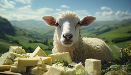 Recreation of cheese pieces and a white sheep in the mountains