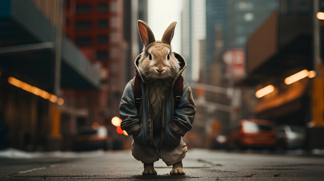 Rabbit walking down the street - Generative AI