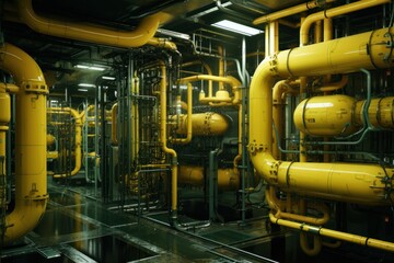 abstract industrial interior with yellow pipes, ai tools generated image