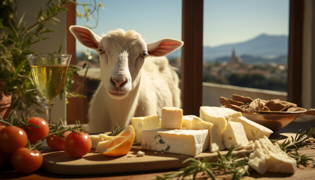 Recreation of cheese in a rustic table with a cute goat staring	