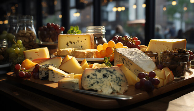 Still life of pieces of different types of cheese and fruit