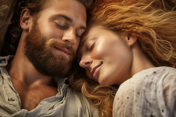 Generative AI portrait picture of two people couple in love sleeping together in bed