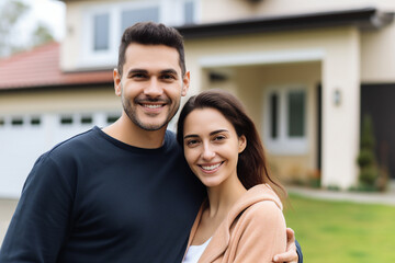 Fototapeta premium Generative AI portrait picture of two people couple in love happily smiling in front of new buy house