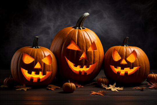 Colorful halloween pumpkins decorations with scary faces Generative AI picture