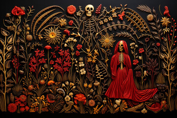 Generative AI picture day of the dead skull santa muerto pattern on a black background