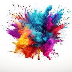 An explosion of colorful dust spreads in all directions on a white background. AI generated illustration.