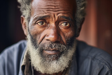 Fototapeta premium Generative AI close up portrait of old sad unhappy afro man looking straight into the camera