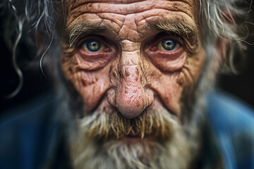 Close up generated ai picture of old elderly upset unhappy man with a wrinkled face living alone