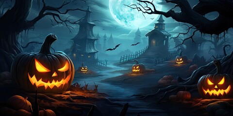 Fantasy spooky halloween night. Beware haunted house. Eerie forest adventures. Trick or treat. Midnight delight. Creepy castle in moonlight