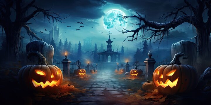 Fantasy spooky halloween night. Beware haunted house. Eerie forest adventures. Trick or treat. Midnight delight. Creepy castle in moonlight