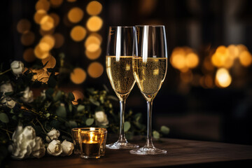 A Glass of champagne on wooden table