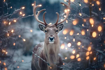 Poster Festive Reindeer Radiance. A Reindeer in a Christmas Hat with Magical Bokeh Lights in the Background Sets the Scene for a Cheerful Holiday Celebration. Whimsical Holiday © Mr. Bolota