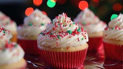 Christmas cream cakes decorated with colorful beads. Abstract bokeh backdrop. New year and...