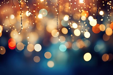 Multicolored lights and garlands with small bulbs in defocus. Abstract bokeh backdrop. New year and...