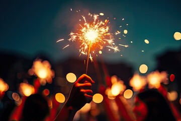 A burning sparkler against the background of the crowd and yellow lights in defocus. New year and...