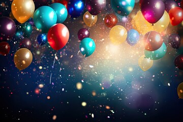 Festive colorful balloons and lights on a dark blue background. Abstract bokeh backdrop.