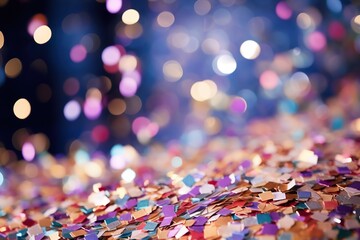 Multicolored confetti on the background of lights in defocus. New year and Christmas background...