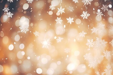 Snowflakes and pale lights on a yellow background in defocusing. New year and Christmas background...