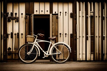 vintage bicycle on vintage wooden house wall