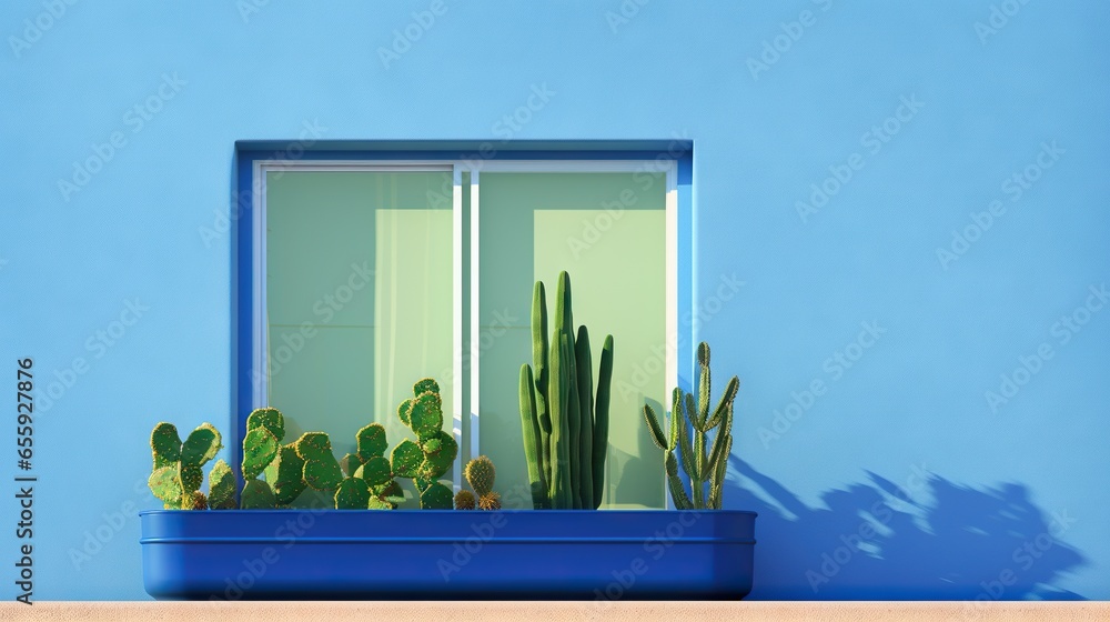 Poster a blue window with a potted cactus in front of it. generative ai