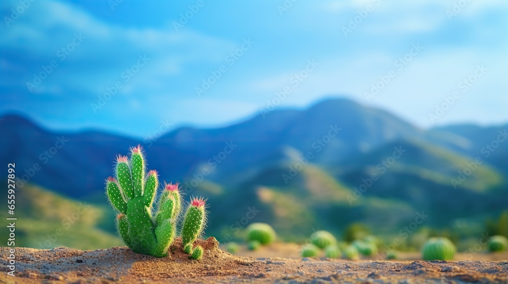 Poster a cactus in the desert with mountains in the background and a blue sky. generative ai