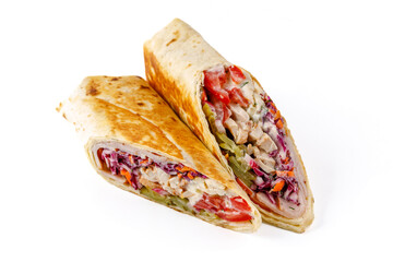 doner with chicken, tomato, cole salad for a food delivery site on a white background, studio shooting 1