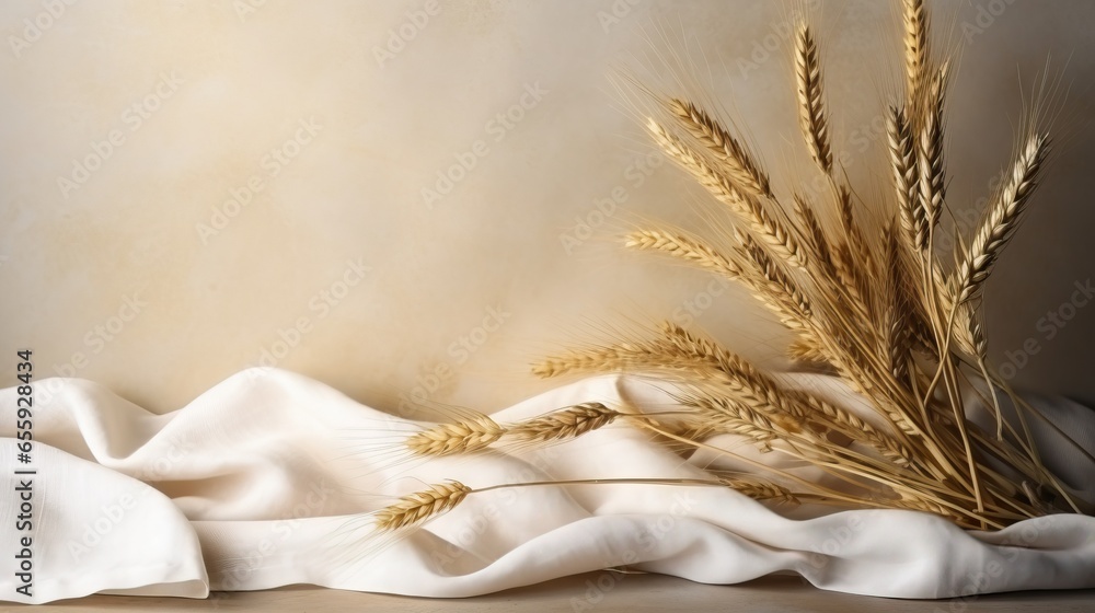 Poster a close up of a bunch of wheat on a table. generative ai