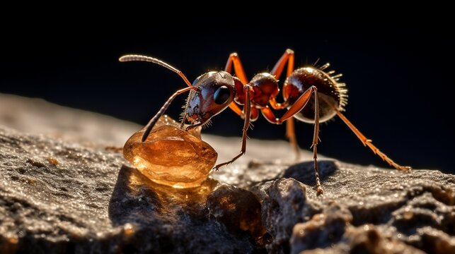Ant eating honey, macro photography
