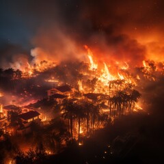 engulfed forest fires come close to the city and houses, environmental problems and disaster. 