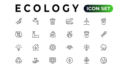 Ecology line icons set. Renewable energy outline icons collection. Solar panel, recycle, eco, bio, power, water - stock vector