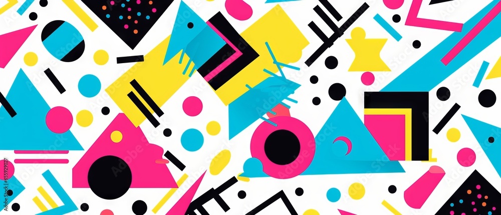 Poster memphis style abstract seamless pattern with geometric shapes in 80s 90s retro hipster theme. vector