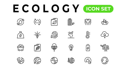 Ecology line icons set. Renewable energy outline icons collection. Solar panel, recycle, eco, bio, power, water - stock vector
