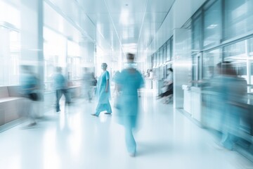Medical personnel walked in the hospital background in a hurry with motion blur. Health care and people concept.