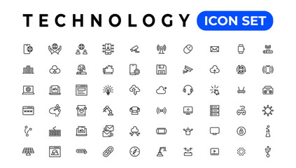 Technology Outline vector icons in line style. Computer monitor, smartphone, tablet and laptop. Vector illustration.