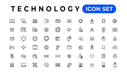 Technology Outline vector icons in line style. Computer monitor, smartphone, tablet and laptop. Vector illustration.