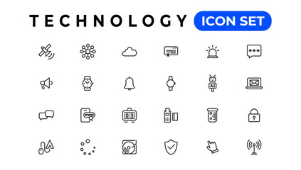 Technology Outline vector icons in line style. Computer monitor, smartphone, tablet and laptop. Vector illustration.