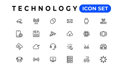 Technology Outline vector icons in line style. Computer monitor, smartphone, tablet and laptop. Vector illustration.