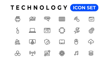 Technology Outline vector icons in line style. Computer monitor, smartphone, tablet and laptop. Vector illustration.