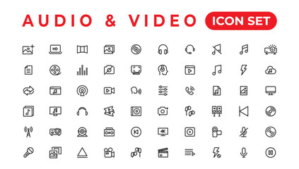 Fototapeta na wymiar Audio Video Icons Pack. Thin line icons set. Flat icon collection set. Simple vector icons
