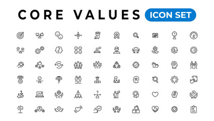 Fototapeta na wymiar Core value icon banner collection. Containing innovation, goals, responsibility, integrity, customers, commitment, quality, teamwork, reliability and inclusion. Vector solid collection of icons