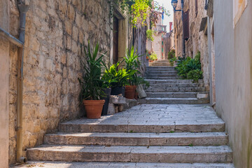 Romantic old street in historic town of Korcula, Dalmatia, Croatia